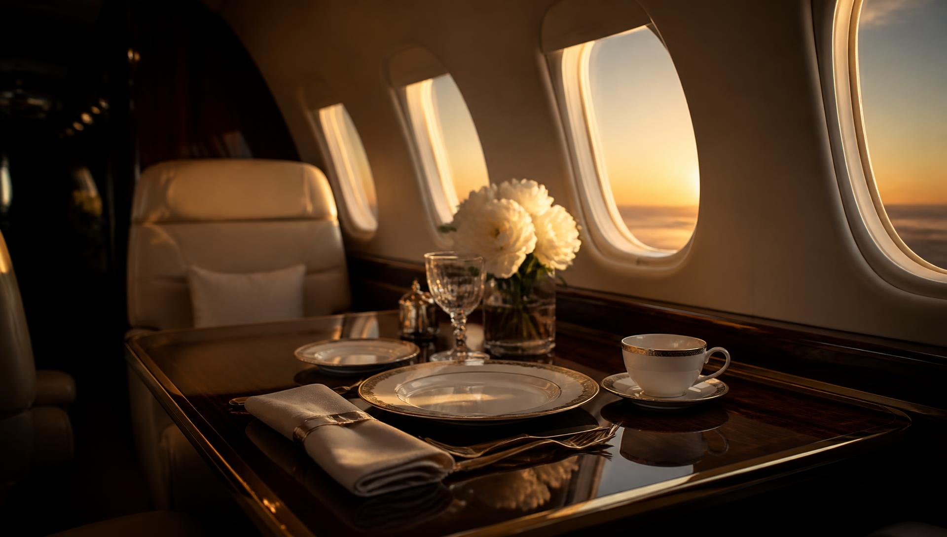 A table set with fine china in a private jet cabin at golden hour