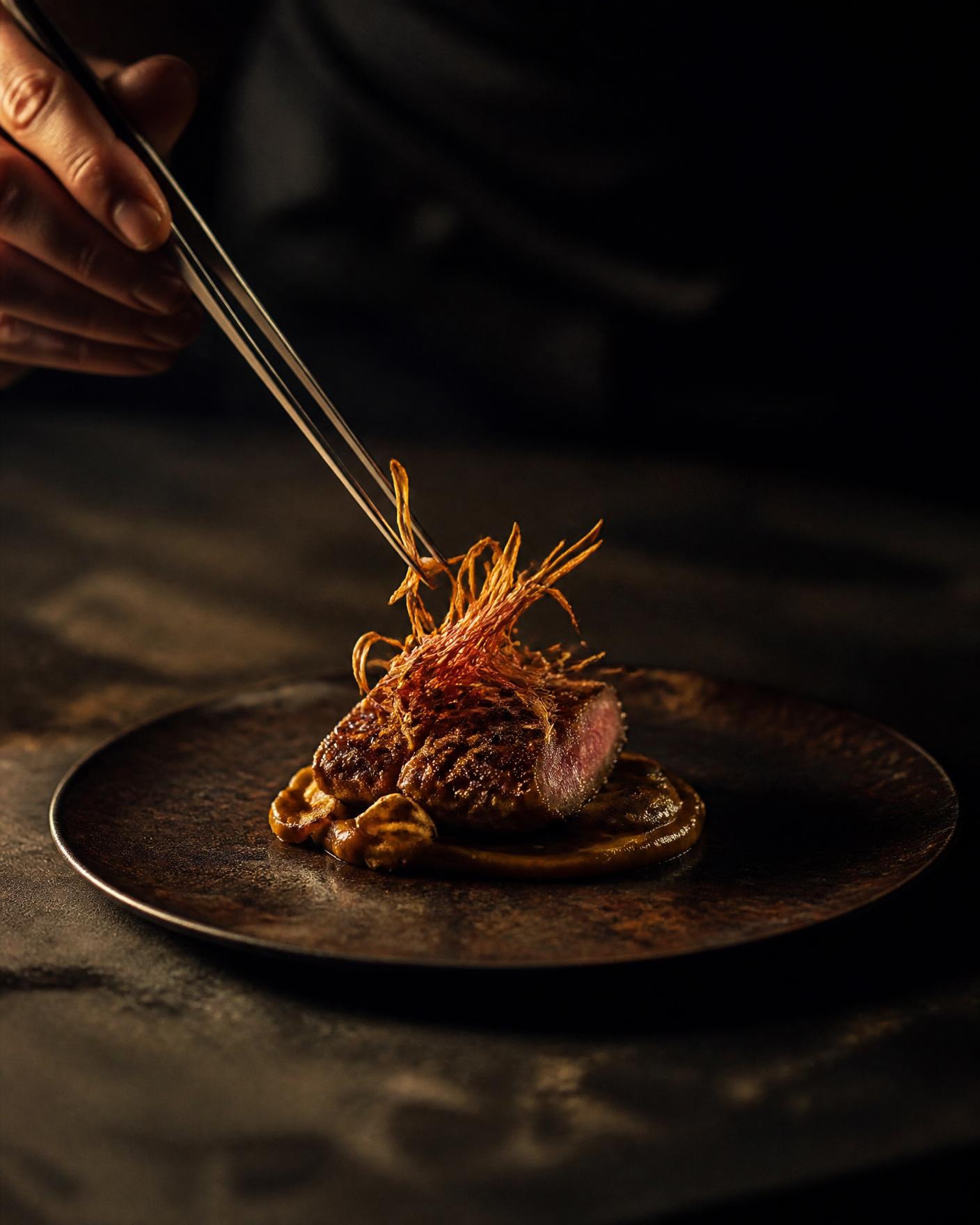 A chef placing a garnish on a finished dish under a single warm light